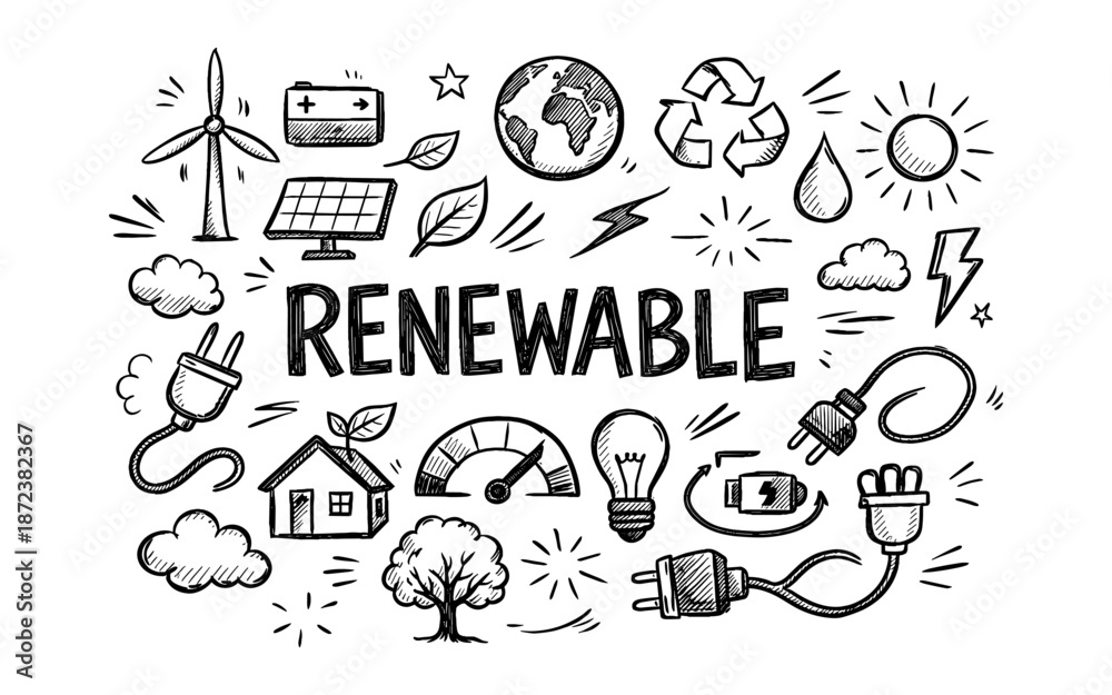 Obraz premium Doodle illustration of renewable energy concepts with the word renewable prominently displayed
