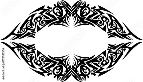 A black and white tribal style illustration of lips with an ornate design silhouette