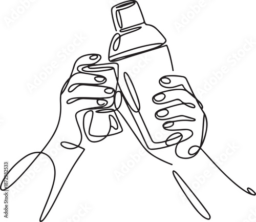Continuous Line Art Illustration of Two Hands Holding Shaker and Jigger Together, Expressive Gesture