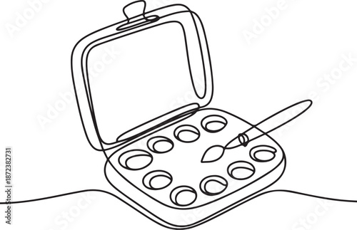 Continuous Line Art Illustration of Open Paint Palette Box with Small Paint Wells