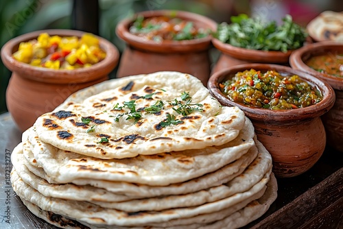 Delicious naan bread and chutney selection high resolution picture
