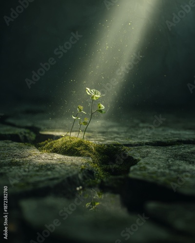 Conceptual image of a young sapling growing out of a cracked stone, illuminated by a single beam of light. 