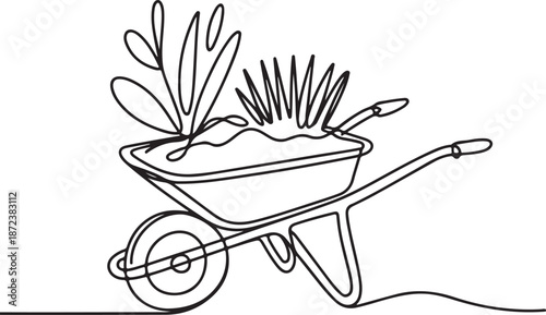 Minimalist Continuous Line Art Wheelbarrow with Soil and Plant Tray