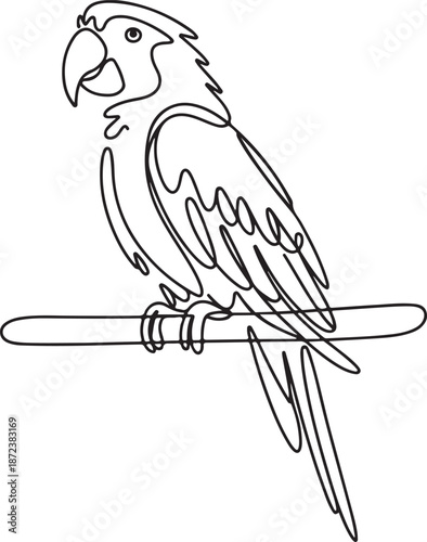 Minimalist Continuous Line Art Parrot Perched on Wooden Stick