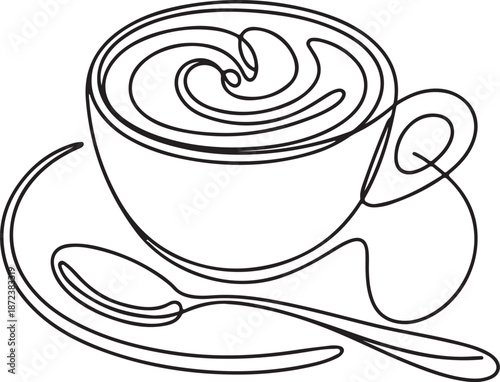 Minimalist Continuous Line Art Cappuccino Cup on Saucer with Spoon