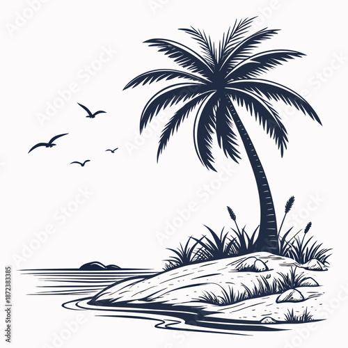 Tropical island with palm tree and seagulls