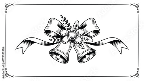 Black and white engraving style of two wedding bells tied with a ribbon and floral accents marriage
