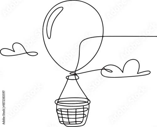 Minimalist Continuous Line Art Hot Air Balloon Floating in Sky