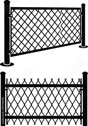 Black Chain Link Fence Panels With Posts Vector Silhouette