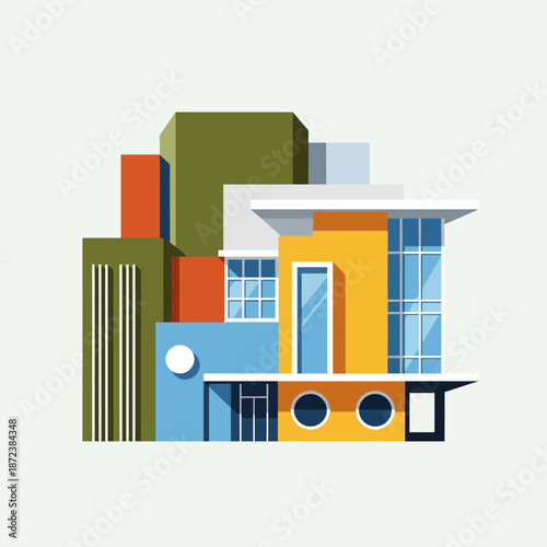 An isometric illustration of a colorful, modern building with abstract geometric shapes and a minimalist design aesthetic