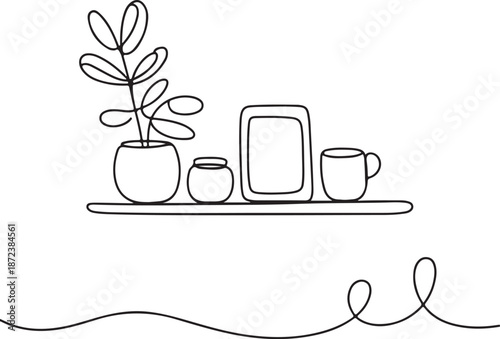 Minimalist Continuous Line Art Wall Shelf with Small Decor Items