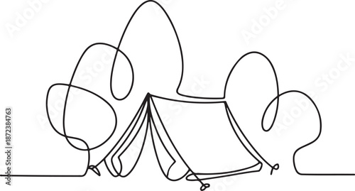 Minimalist Continuous Line Art Camping Tent Among Trees