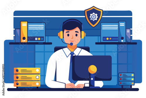 Professional customer support agent in secure data center vector
