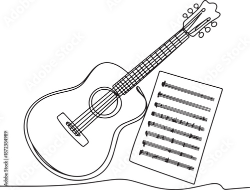 Minimalist Continuous Line Art Guitar Lying Beside Music Sheet