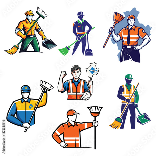 Colorful Illustrations of Janitors and Cleaners with Brooms and Shovels