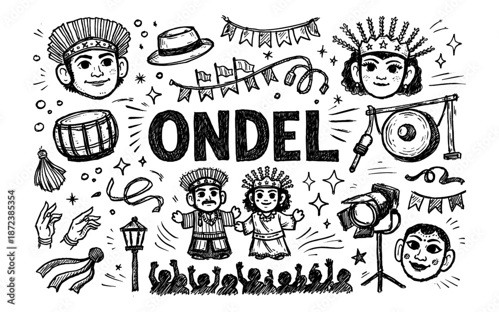 Fototapeta premium Ondel Ondel traditional Indonesian puppets and cultural elements doodle art