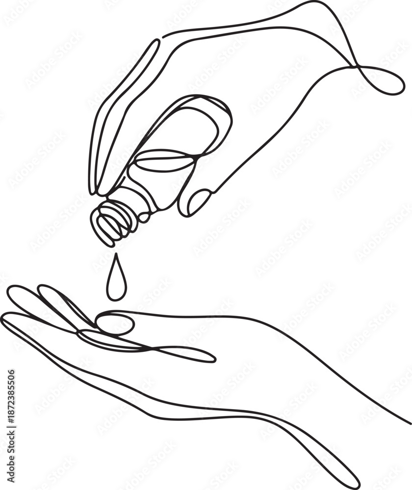 Obraz premium Minimalist Continuous Line Art Hands Pouring Oil from Small Bottle