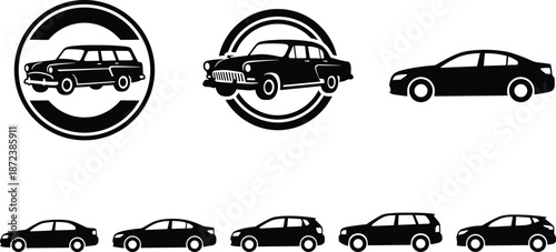 Vintage and modern car silhouette set, black vehicle icons collection, classic sedan SUV automotive logo illustration design vector graphic branding
