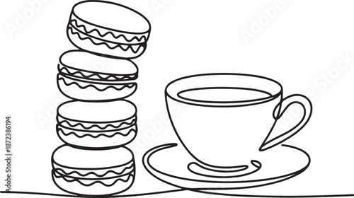 Minimalist Continuous Line Art Stacked Macarons Beside Tea Cup