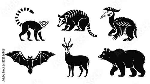 Canvas Print Collection of six black silhouette of diverse wild animals including a lemur and