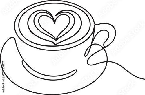 Minimalist Continuous Line Art Coffee Cup with Heart Latte Art