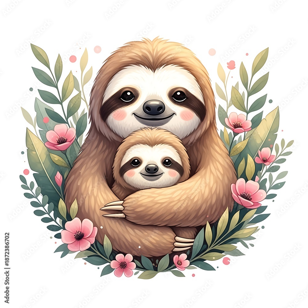 Obraz premium Mother's day sloth hugging baby sloth in flowers illustration