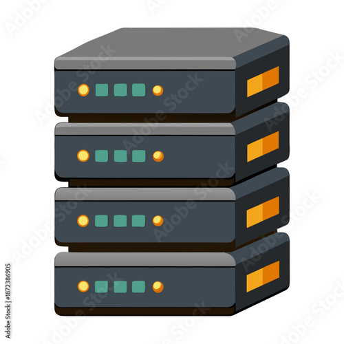 Title: A colorful of a stack of four servers with illuminated indicators and orange ports
