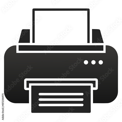 Title: A black and white of a printer with a paper tray and output tray