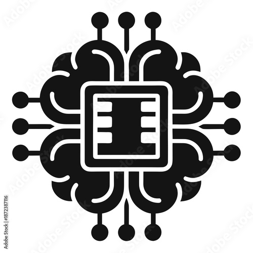 Title: A stylized black and white of a brain with a central chip symbolizing artificial