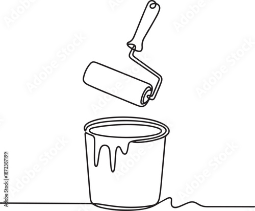 Minimalist Continuous Line Art Paint Roller Dipping into Bucket