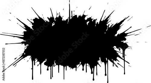 A black paint splatter with drips on a white background in silhouette mode