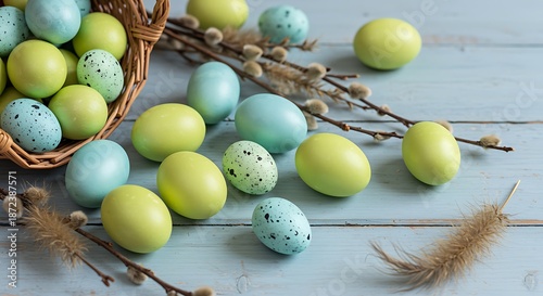 Colorful Easter eggs and pussy willow branches on a wooden table
