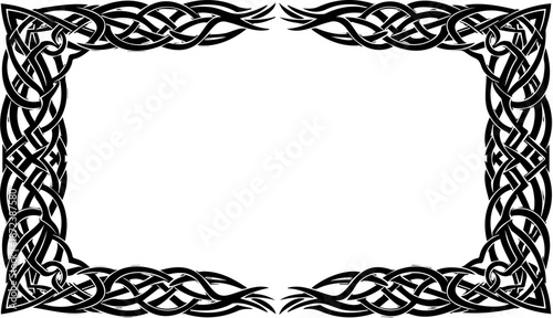 A Celtic knotwork border design with a rectangular frame and intricate black lines on a white background silhouette