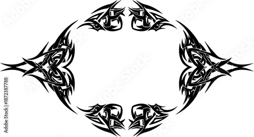 A tribal style vector graphic border design with sharp pointed shapes and letters