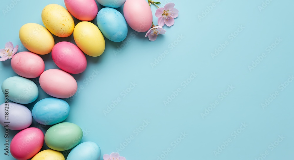 Obraz premium Colorful Easter Eggs Arranged in a Curve with Pink Blossoms on Blue Background