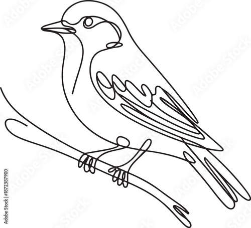Minimalist Continuous Line Art Small Bird Sitting on Slender Branch