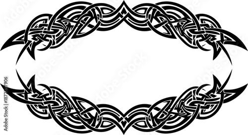 A Celtic knotwork border design with dragon heads on a transparent background silhouette