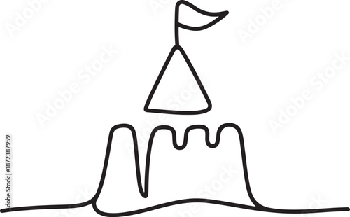 Minimalist Continuous Line Art Small Sandcastle with Flag