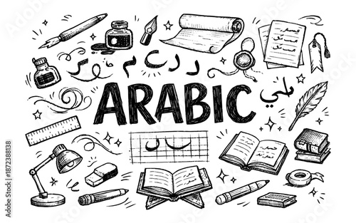 Doodle art celebrating Arabic language and learning with educational tools