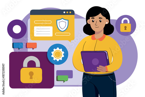 Secure remote work and personal data safety concept with female character