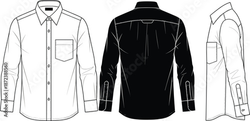 Men shirt, technical drawing, front back side views, apparel design, fashion sketch, clothing outline, long sleeve, button up, vector illustration