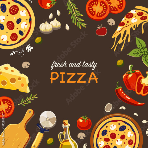 Square pizza banner with ingredients and utensils arranged. Colorful flat vector illustration for pizzeria menu, restaurant promo, food delivery ads, posters, and social media.