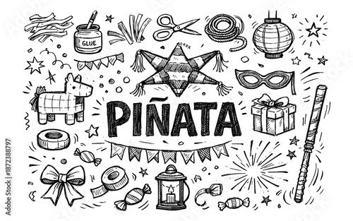 Hand drawn pinata party elements and decorations for celebration