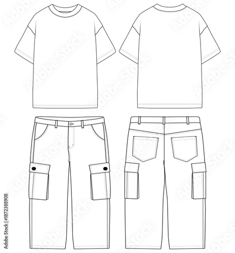 Baby Oversized T Shirt and Jeans Pants Technical Flat Sketch Front and Back View