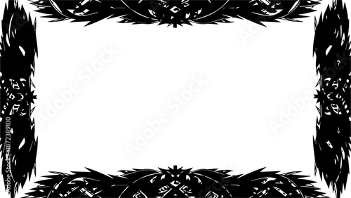 A black and white vector graphic frame with a floral design and empty space for text