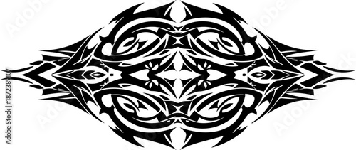 A black and white tribal tattoo design with symmetrical patterns and shapes silhouette