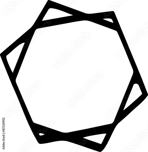 A minimalist black hexagon icon with a geometric design on a transparent background silhouette