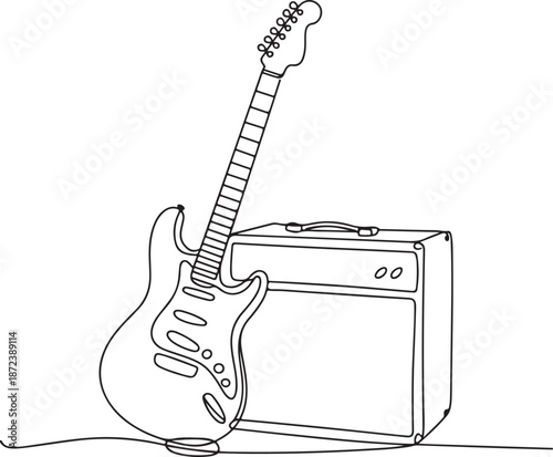 Continuous Line Art Illustration of Electric Guitar Leaning Against Small Amplifier