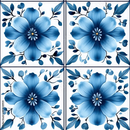 Blue Delft Style Seamless Pattern, Traditional Ceramic Floral Ornament Texture