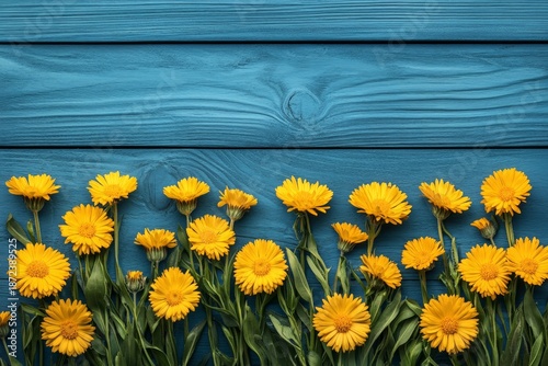 Blue Wooden Background with Yellow Spring Flowers, Rustic Floral Copy Space